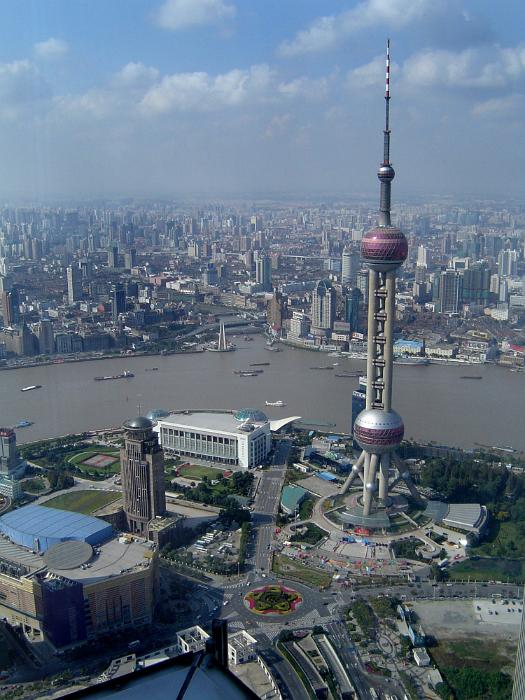 Free Stock Photo: High Angle View of Oriental Pearl TV Tower on Lujiazui with View of Huangpu River and Sprawling Metropolis of Shanghai, China Under Sunny Blue Sky